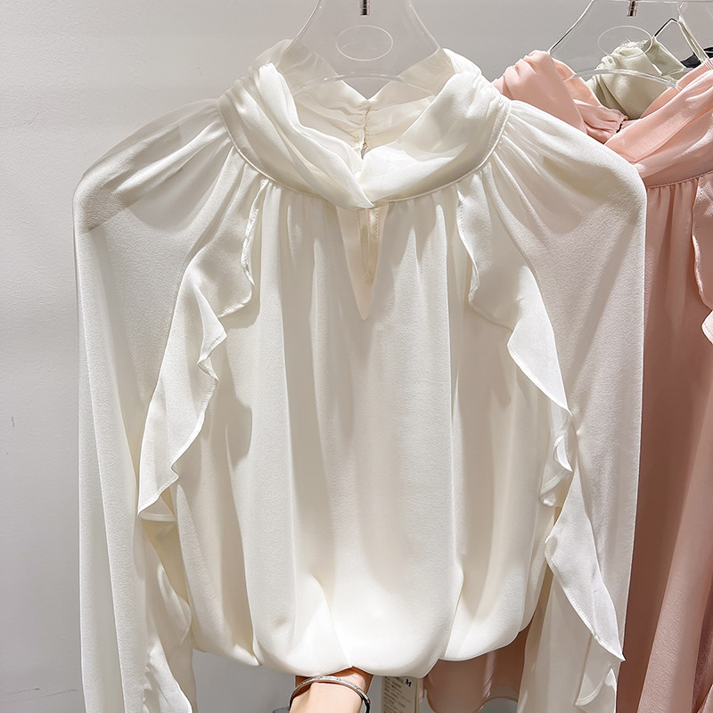 2026新款法式气质立领褶皱木耳边拼接套头长袖雪纺衫女春季