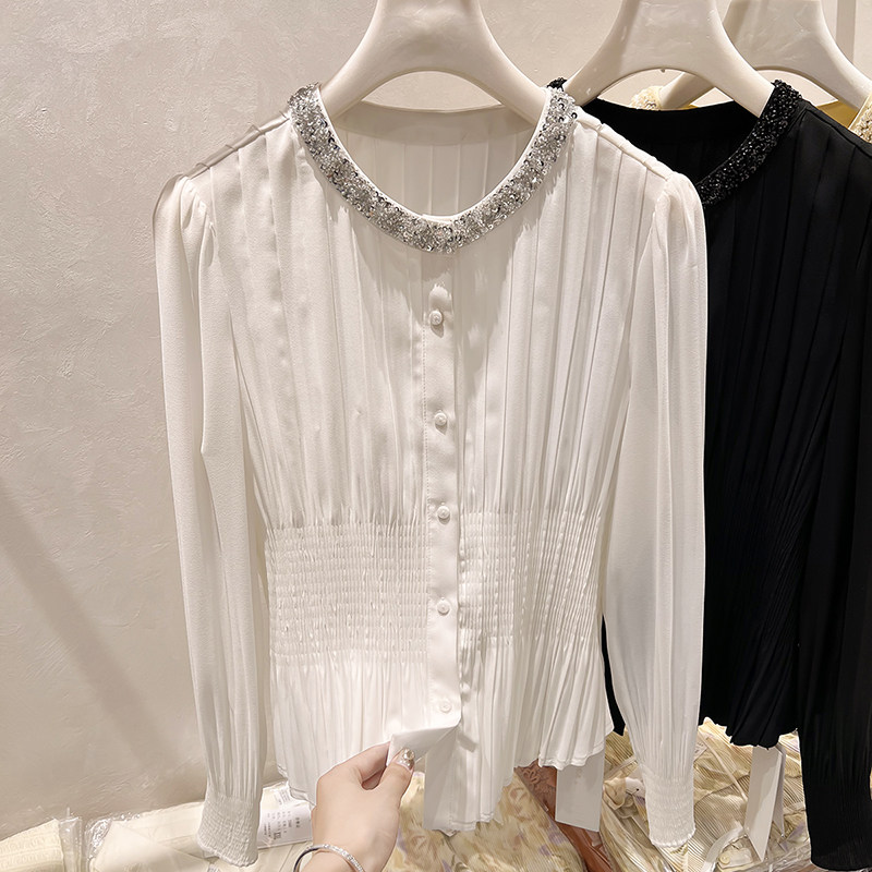 2026新款韩国气质显瘦圆领镶钻压皱单排扣长袖雪纺衬衫女春季