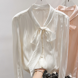 2025新款韩国气质显瘦V领系带钉珠单排扣纯色长袖衬衫女春季