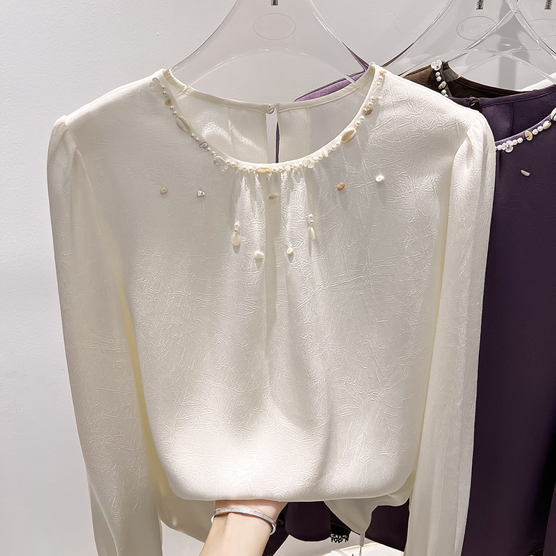 2025新款法式气质圆领贝壳钉珠纯色浮雕长袖雪纺衫女秋薄款上衣,女装/女士精品,蕾丝衫/雪纺衫,淘宝优惠券,粉丝福利购,淘宝优惠卷