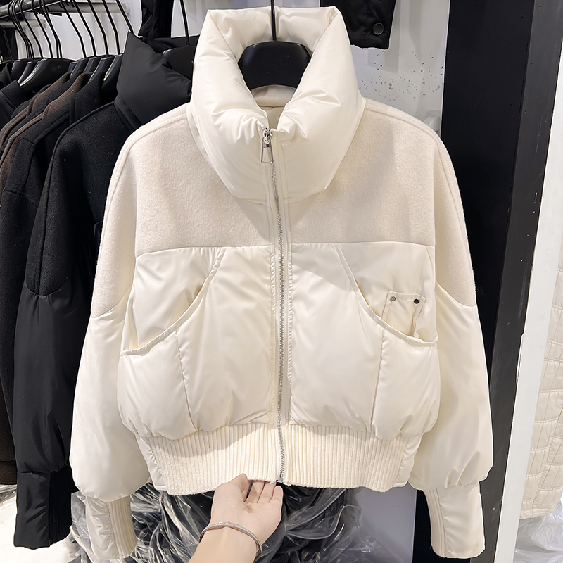 2025新款韩国修身显瘦立领毛呢拼接大口袋短款羽绒服女冬季