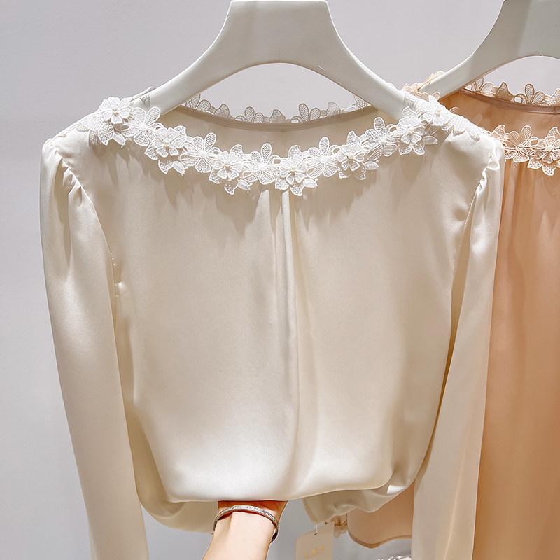 2026新款法式气质显瘦圆领花边钉珠纯色套头长袖雪纺衫女春季薄款,女装/女士精品,蕾丝衫/雪纺衫,淘宝优惠券,粉丝福利购,淘宝优惠卷