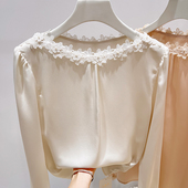 法式 薄款 气质显瘦圆领花边钉珠纯色套头长袖 女春季 雪纺衫 2026新款