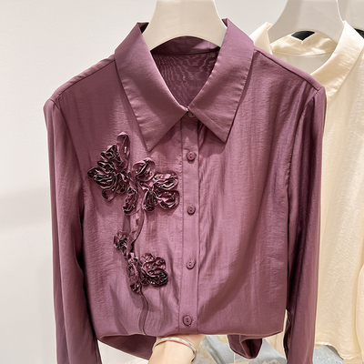 2025新款法式气质翻领立体花朵装饰纯色长袖衬衫女秋季薄款上衣