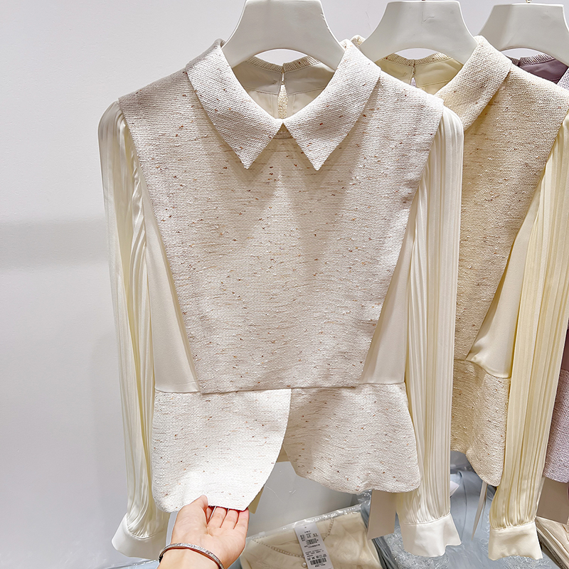 2025新款法式气质显瘦翻领假两件编织百褶拼接长袖衬衫女秋季上衣