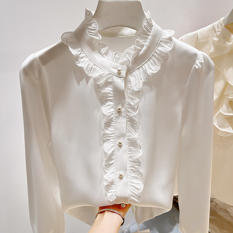2026新款韩国气质显瘦立领木耳边拼接钉珠单排扣纯色雪纺衬衫女春