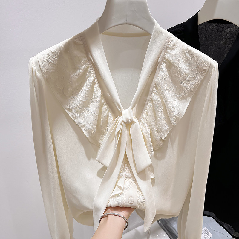 2026新款法式气质V领系带蕾丝拼接荷叶边单排扣长袖雪纺衬衫女春