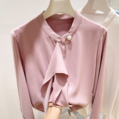 雪纺衫 气质显瘦立领钉珠门襟拼接单排扣纯色长袖 女春 法式 2026新款