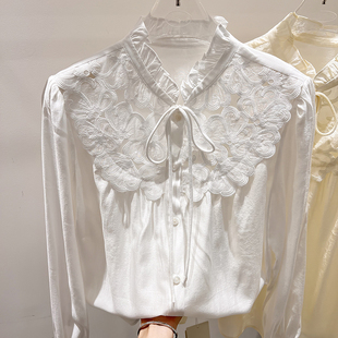 衬衣女春季 气质显瘦立领木耳边刺绣系带单排扣长袖 法式 2026新款