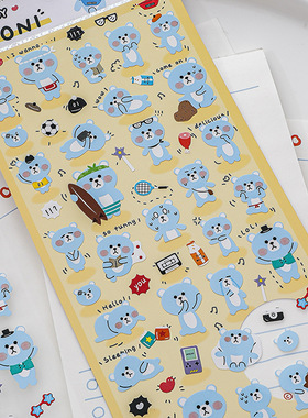 Ki NEKONI可爱卡通蓝色小熊透明贴纸手帐贴画手机壳手账装饰素材