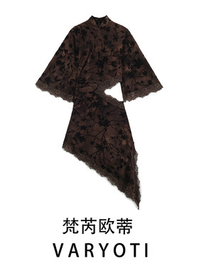 欧美高领七分袖蕾丝拼接连衣裙