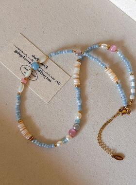 春夏清新粉蓝小众串珠项链气质