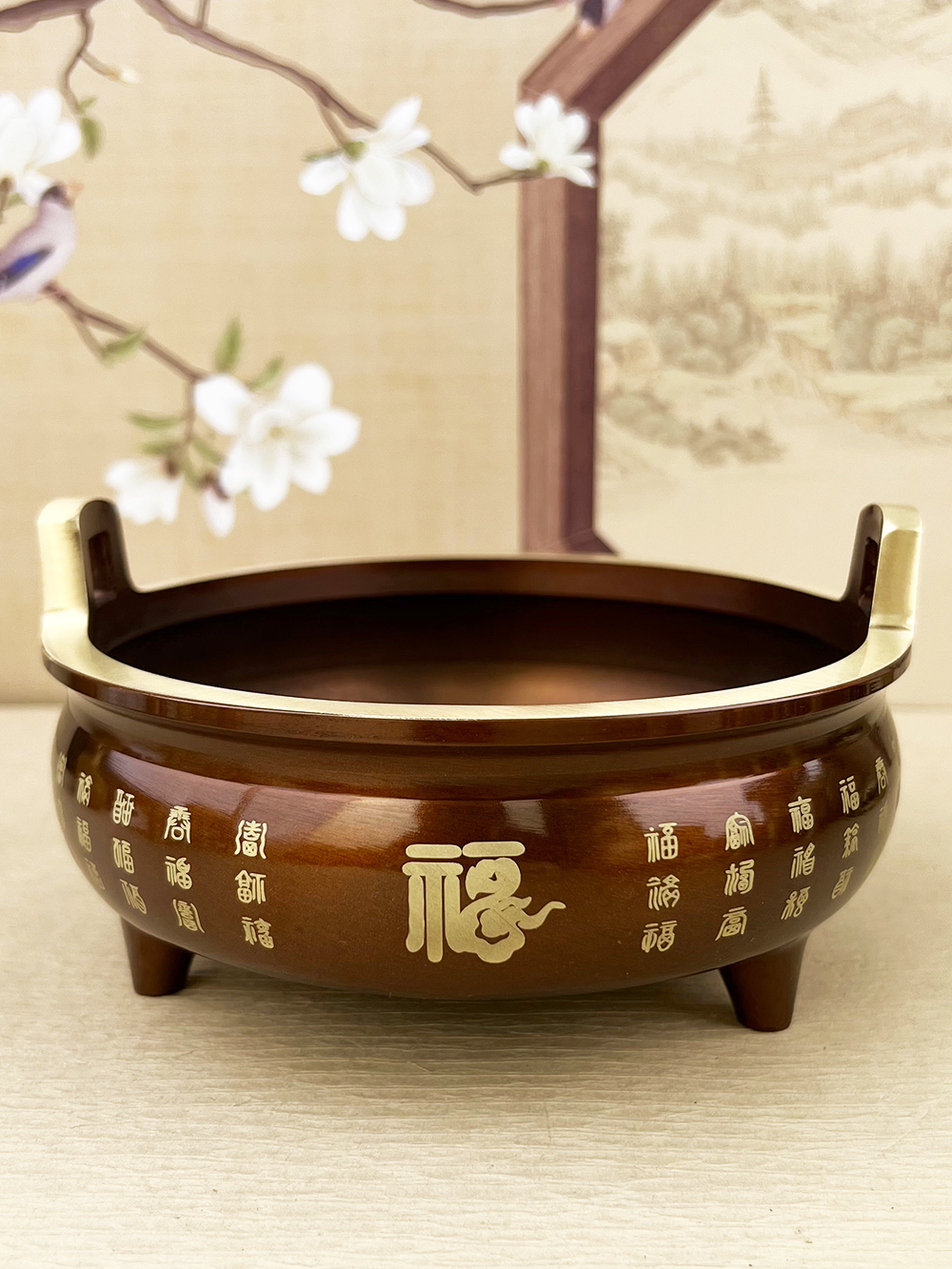 实心黄铜铜彩工艺咖色香炉