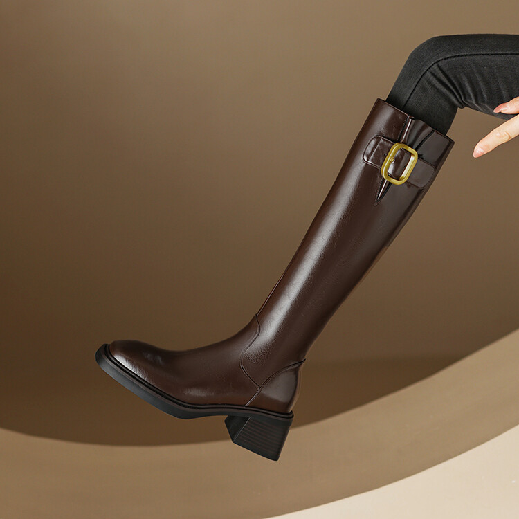 Am马油牛皮真皮骑士靴女