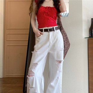 2025新款白色实拍破洞直筒牛仔裤子女设计感小众破洞休闲百搭时尚