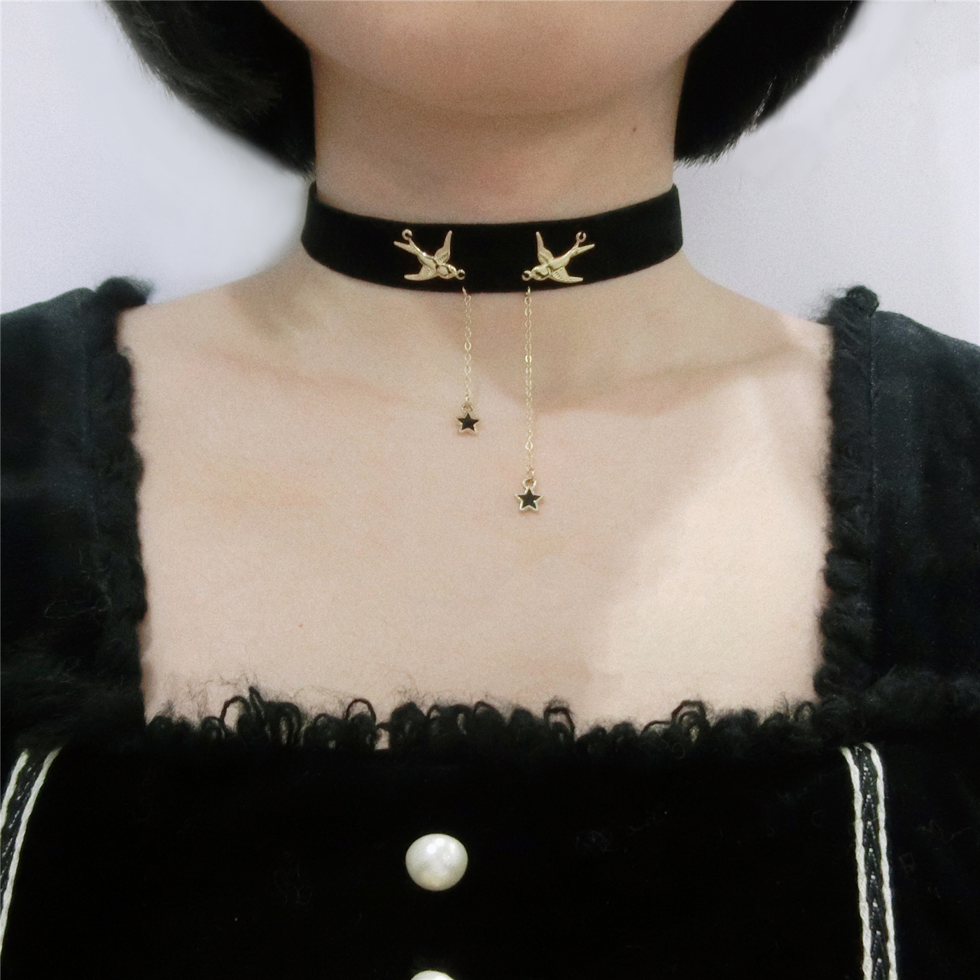 手作原创新中式国风燕子复古气质颈带弹力丝绒黑色手工项圈choker