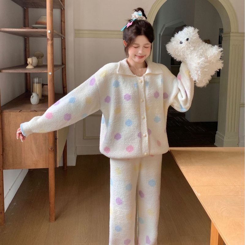 秋冬新款可爱波点软绵绵开衫半边绒睡衣女加厚高级感可外穿家居服