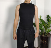 纯棉半高领背心男紧身运动坎肩男中领健身打底衫 立领宽肩无袖 T恤