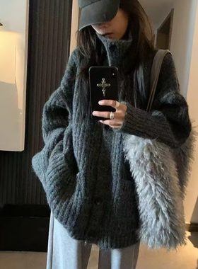 格雷系灰色高领针织开衫女秋冬高级感宽松软糯毛衣外套立领上衣厚