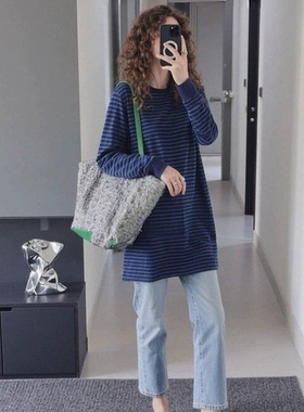 蓝色条纹中长款正肩T恤女秋冬高级感宽松下身失踪内搭打底衫上衣