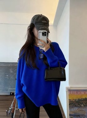 下装消失克莱因蓝色中长款毛衣女秋冬遮屁股慵懒内搭毛衣宽松上衣