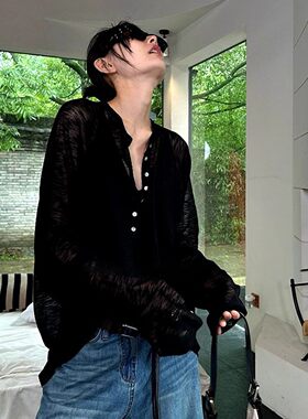 纸片人黑色冰丝薄纱半开领长袖针织罩衫女春夏薄款宽松慵懒风上衣