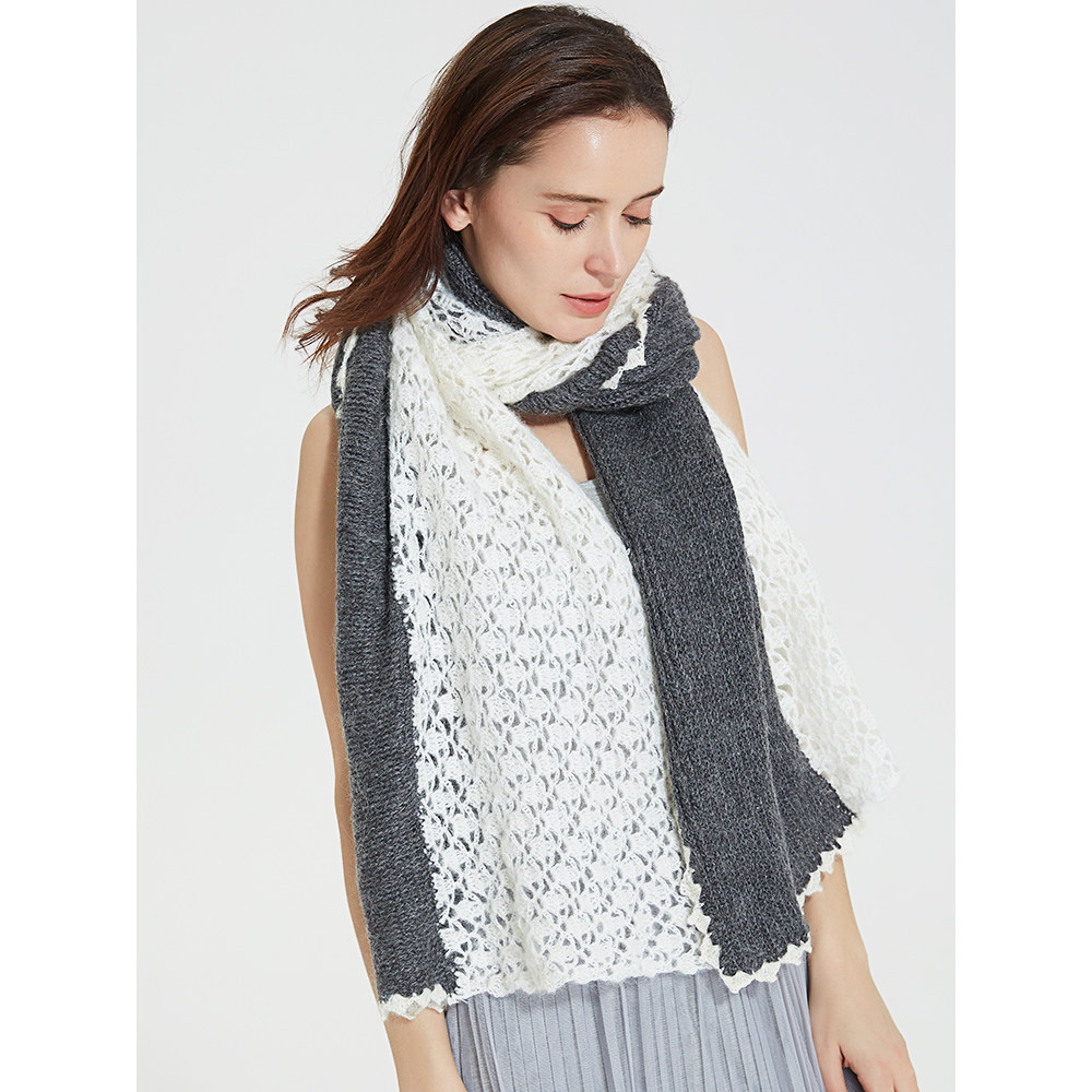 细柳原创秋冬双色拼接马海毛大披肩欧美洋气围脖手工针织长围巾女