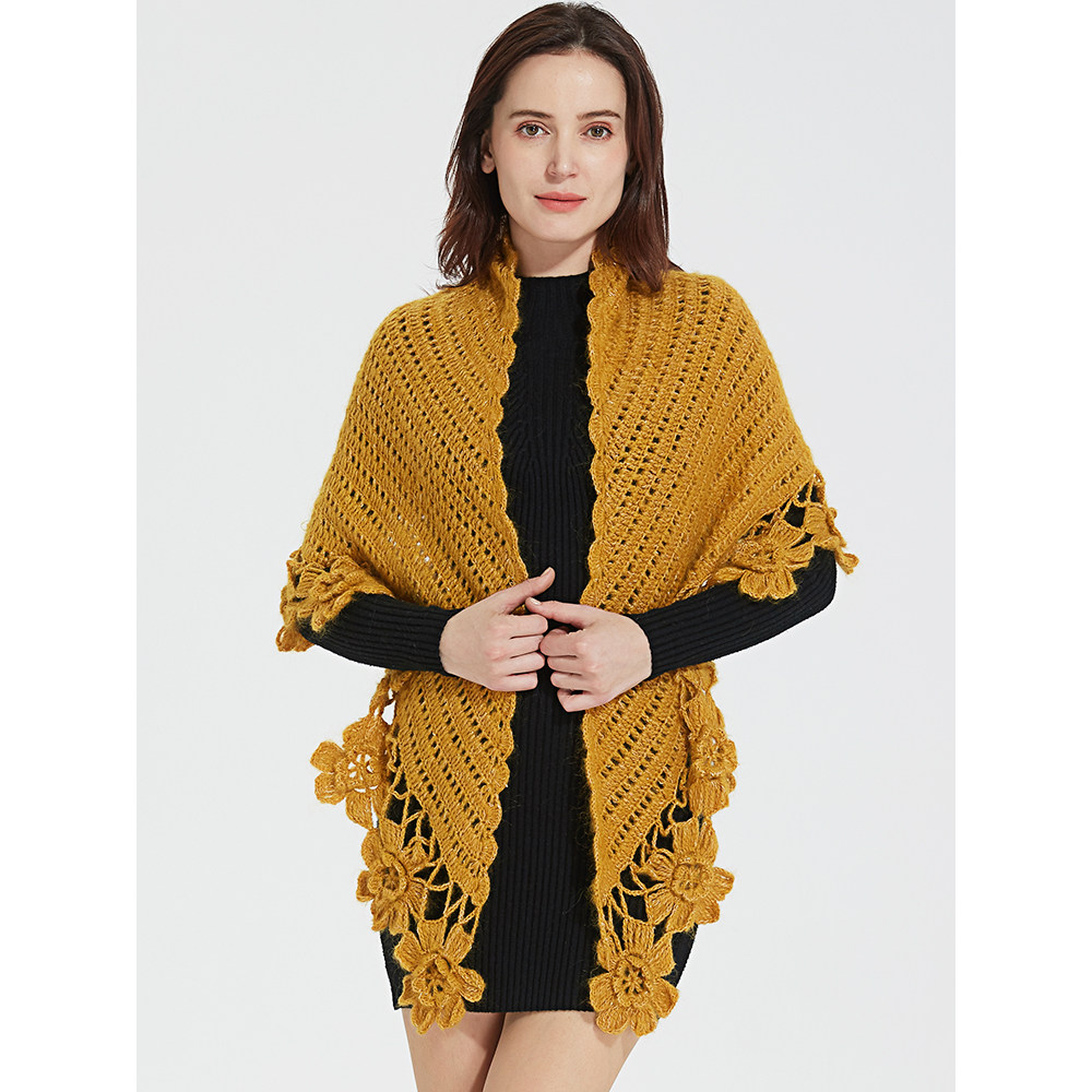 细柳原创秋冬立体钩花边三角围巾马海毛保暖护颈围脖姜黄色披肩女