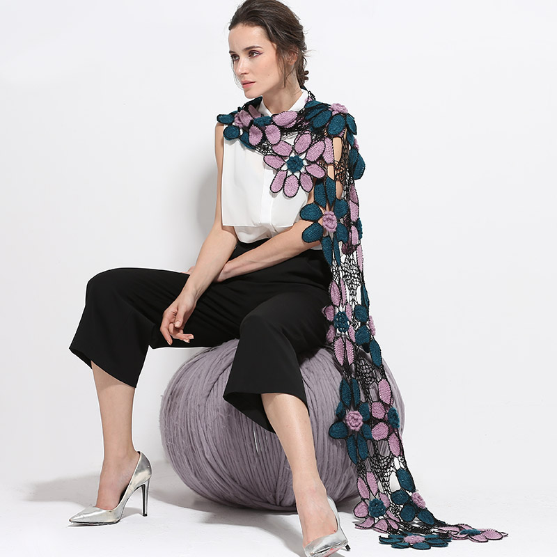 细柳马海毛立体钩花百搭女围巾