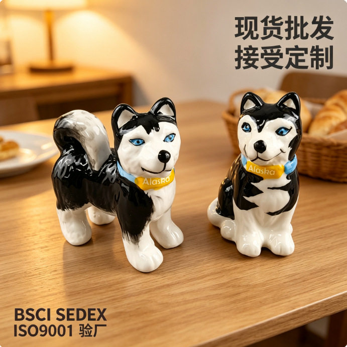 黑白哈士奇陶瓷胡椒瓶一对站姿坐姿阿拉斯加犬装饰品蓝眼睛黄项圈