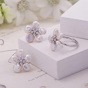 s925纯银耳钉戒指两件套配件 diy手工制作多珠小花朵珍珠银配饰