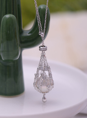 s925纯银玉石项链网兜吊坠套链空托饰品配件半成品时尚大气高级感