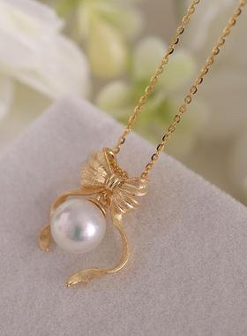 DIY手工制作珍珠项坠哑光蝴蝶结吊坠银饰 s925纯银吊坠空托配件