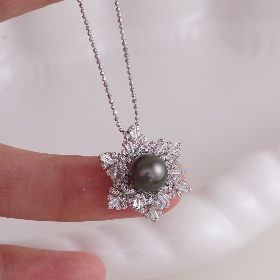 DIY手工制作珍珠项坠可旋转雪花吊坠不含链银饰 s925纯银空托配件