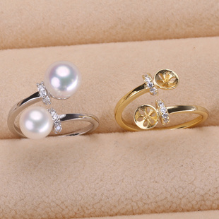 s925纯银双珠戒指环 开口可调节珍珠戒指托 DIY手工制作银配件