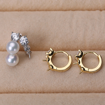 s925纯银银饰双珠耳扣配件 珍珠饰品diy手工制作耳饰一对耳钉