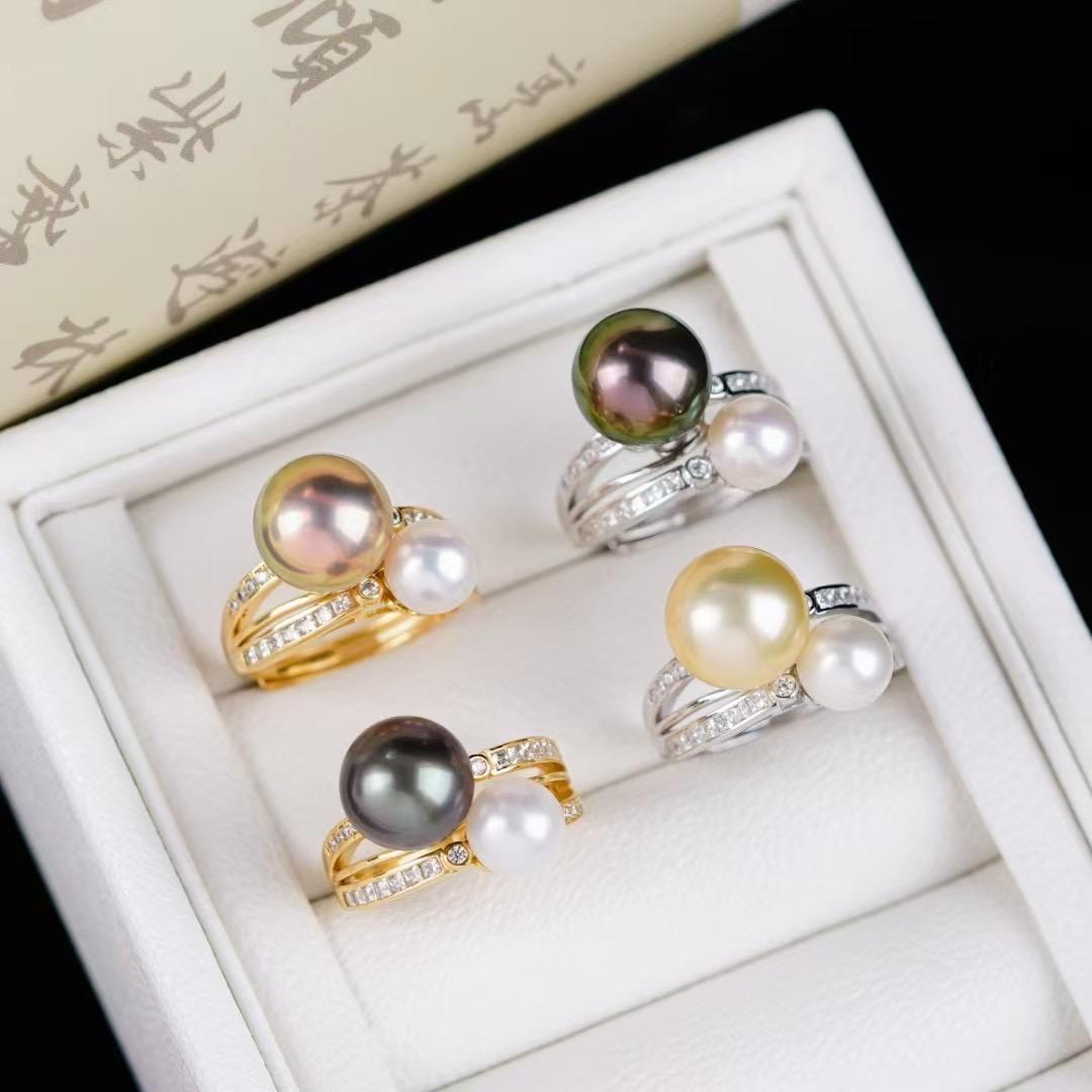 s925纯银戒指环 银饰双珠可调节珍珠戒指托DIY手工制作银配件空托