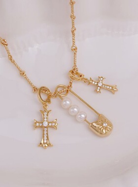 珍珠吊坠配件 s925纯银含链 配件套链 diy别针十字架项坠手工饰品