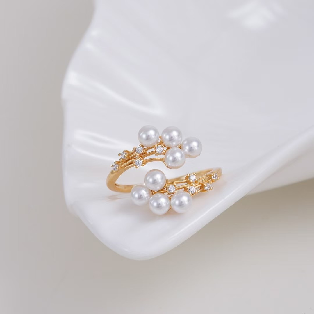 DIY配件S925纯银开口戒指多珠空托时尚简约珍珠银饰指环材料