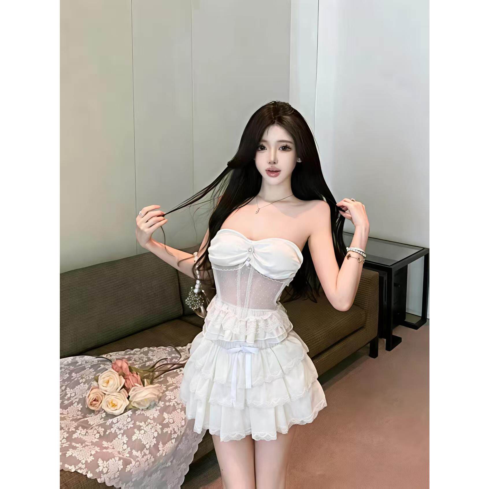 实拍辣妹性感荷叶边蕾丝拼接抹胸时尚套装