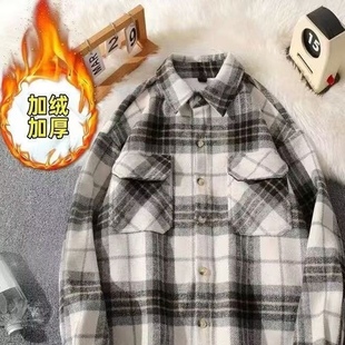 青年工装格子衬衫男款2025新款加绒加厚保暖长袖衬衣男士毛呢外套