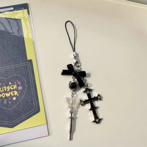甜酷镭射蝴蝶十字架针筒手机链ins复古Y2K千禧风钥匙扣包包挂饰