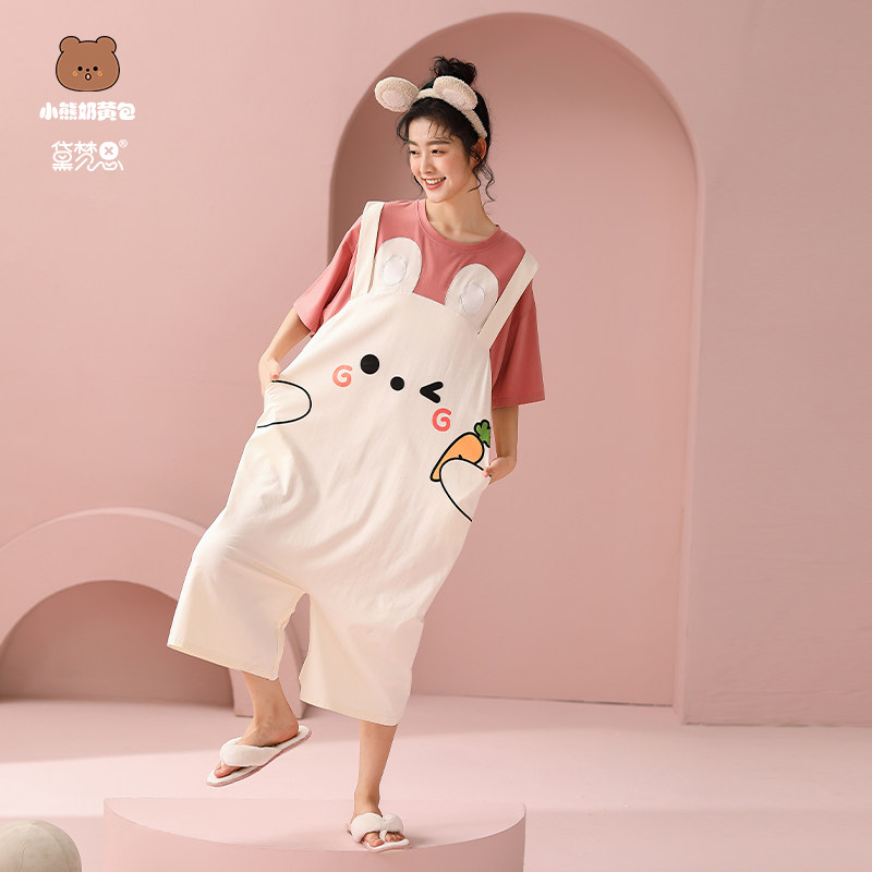 黛梦思连体睡裙女夏季薄款纯棉短袖家居服可爱卡通小熊睡衣女夏天