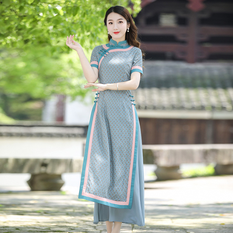 如意风奥黛旗袍越南旗袍裙改良年轻款复古时尚复古棉麻连衣裙长款