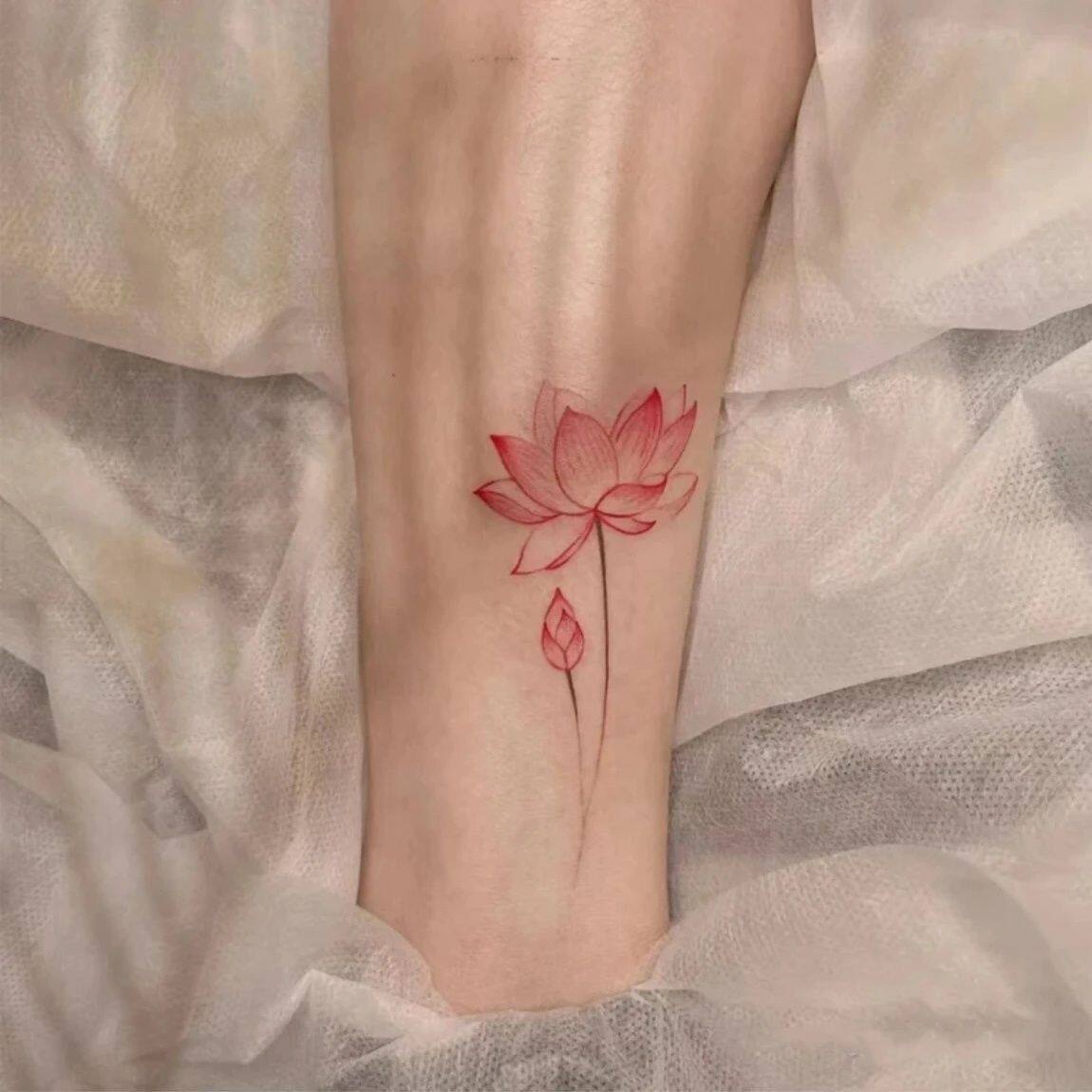 彩色荷花纹身贴莲花脚踝手臂纹身持久清新性感防水锁骨贴纸