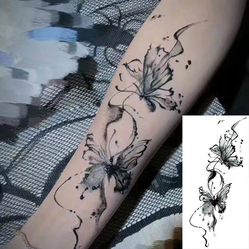 水墨蝴蝶ins彩色纹身贴半永久高级感防水女持久手臂仿真潮酷