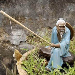 石湾公仔陶瓷摆件创意工艺品假山盆景鱼缸姜太公钓鱼摆件礼品渔翁