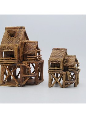 仿古代草屋水寮假山鱼池陶瓷摆件