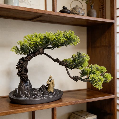 仿真迎客树假绿植物站公崖柏松树盆栽陶瓷假山造景装饰套装小摆件