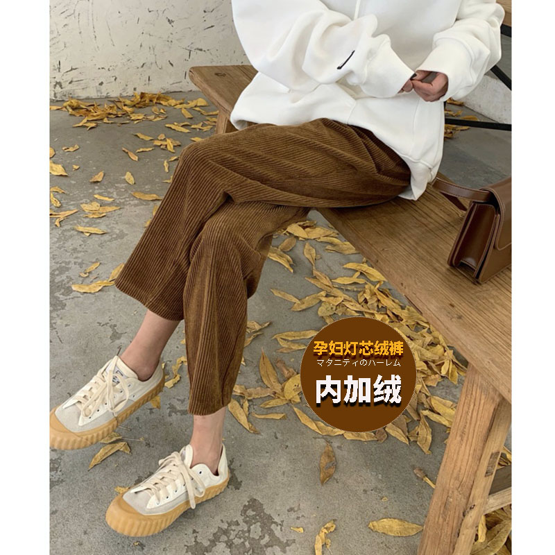 孕妇灯芯绒直筒裤外穿打底裤子托腹长裤秋冬季新款加绒加厚阔腿裤